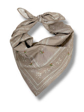Load image into Gallery viewer, Gray bandana embroidered with pink and green rosebud flowers – House of 423, Geneva IL
