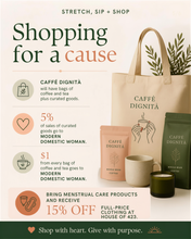 Load image into Gallery viewer, Stretch, Sip + Shop charity yoga event flyer — Geneva, IL, August 22