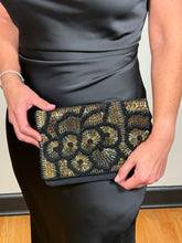 Load image into Gallery viewer, Gold and black floral hand-beaded clutch with detachable crossbody chain ā House of 423, Geneva IL