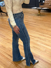 Load image into Gallery viewer, Medium wash high-rise flare jeans with side slit hemline – House of 423, Geneva IL