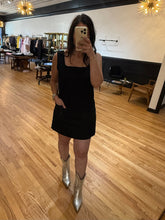 Load image into Gallery viewer, Black linen blend shift dress with square neckline and eyelet pockets — House of 423 Geneva IL