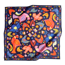 Load image into Gallery viewer, Navy blue bandana with colorful folk-art bird, butterfly, and star print