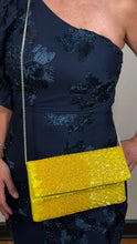 Load image into Gallery viewer, Yellow sunflower hand-beaded clutch with detachable crossbody chain – House of 423, Geneva IL
