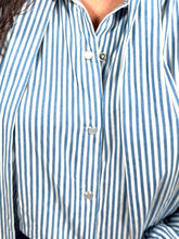 Load image into Gallery viewer, Blue and white striped cotton blouse with self-tie bow neckline – House of 423, Geneva

