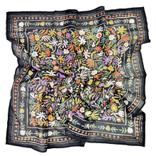 Load image into Gallery viewer, Black wildflower print cotton bandana with purple, yellow, orange, and green floral pattern
