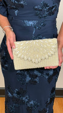 Load image into Gallery viewer, White pearl scallop hand-beaded clutch with detachable crossbody chain – House of 423, Geneva IL

