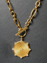 Load image into Gallery viewer, Figaro chain toggle clasp closeup, cubic zirconia sunburst detail
