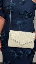 Load image into Gallery viewer, White pearl scallop hand-beaded clutch with detachable crossbody chain – House of 423, Geneva IL
