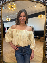 Load image into Gallery viewer, Goldie off-the-shoulder crop top in light yellow with embroidered floral detail — House of 423 Geneva IL
