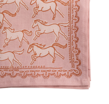 Load image into Gallery viewer, Close-up of pink bandana with hand-drawn brown horse print and scalloped border
