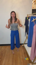 Load and play video in Gallery viewer, Royal blue cropped wide leg pants with white topstitching, House of Colour Spring Winter palette, House of 423 Geneva IL boutique
