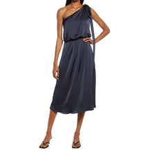 Load image into Gallery viewer, Navy One-Shoulder Midi Dress

